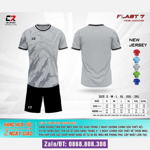 Bộ quần áo bóng đá CR FLAST 7 chính hãng Cr Sport cổ tròn nhiều màu xám quần đen