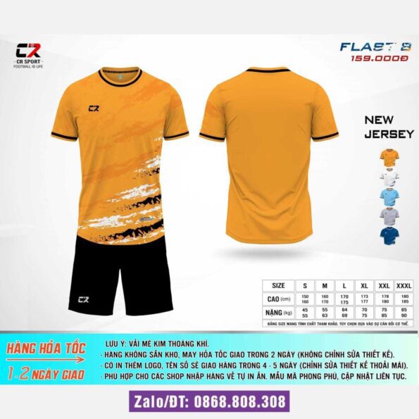 Bộ quần áo bóng đá CR FLAST 8 chính hãng Cr Sport cổ tròn nhiều màu cam quần đen