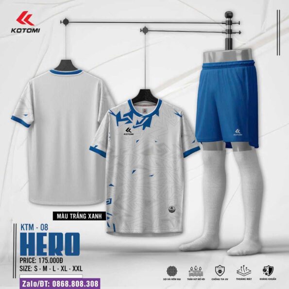 Bộ quần áo bóng đá Hero Kotomi 08 chính hãng cổ tròn nhiều màu trắng quần xanh