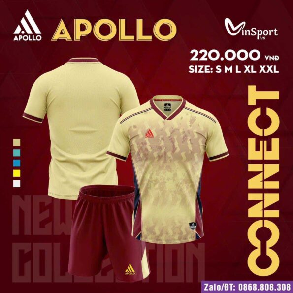 Bộ quần áo bóng đá Apollo Connect cổ tim chính hãng nhiều màu vàng be quần đỏ