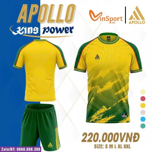 Bộ quần áo bóng đá Apollo King Power cổ tròn chính hãng màu vàng quần xanh lá