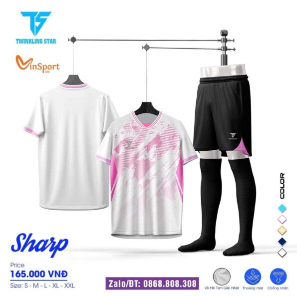 áo đá bóng Twinkling Star Sharp trắng hoạ tiết hồng quần đen