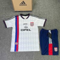 Bộ quần áo bóng đá Bayern Munich 1996 Opel trắng sọc xanh đỏ quần than mặt trước