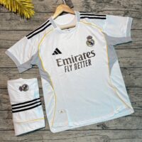 Bộ quần áo bóng đá Real Madrid 25 26 năm 2025 2026 màu trắng bản player premium full logo thêu cao cấp mặt trước