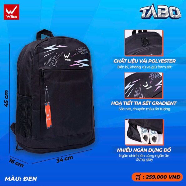 Ba Lô Thể Thao Wika Tabo Có Ngăn Đựng Giày Riêng màu đen