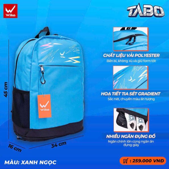 Ba Lô Thể Thao Wika Tabo Có Ngăn Đựng Giày Riêng màu xanh ngọc