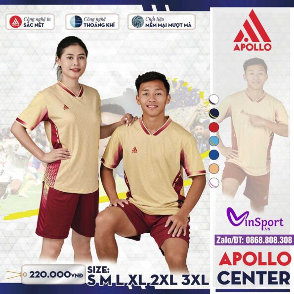 Bộ quần áo bóng đá Apollo Center nam nữ cổ trái tim chính hãng vải mè màu vàng