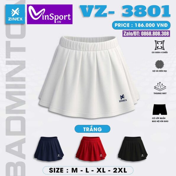 Chân Váy Pickleball Cầu Lông Xếp Ly ZINEX - VZ - 3801 Nhiều Màu