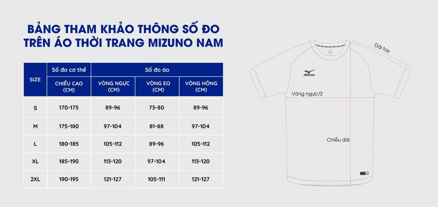bang size áo mizuno chính hãng