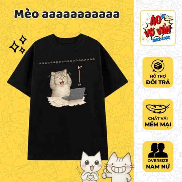 Áo Vớ Vẩn Mèo Ôm Đầu Đau Khổ AAAAAA, Áo Thun Meme hài hước màu đen