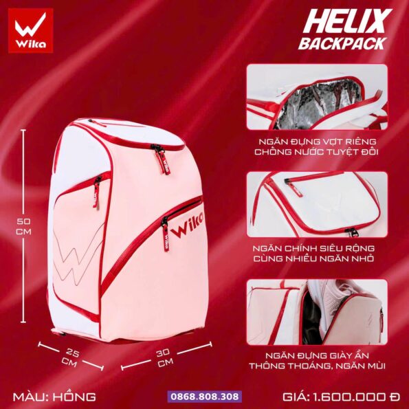 Ba lô túi hộp thể thao helix wika đựng vợt pickleball nhiều màu trắng hồng
