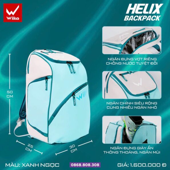 Ba lô túi hộp thể thao helix wika đựng vợt pickleball nhiều màu xanh ngọc