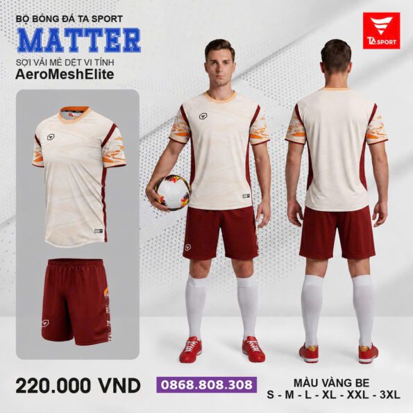 Bộ quần áo bóng đá TA Sport Matter chính hãng vải Aero Mesh Elite vàng be