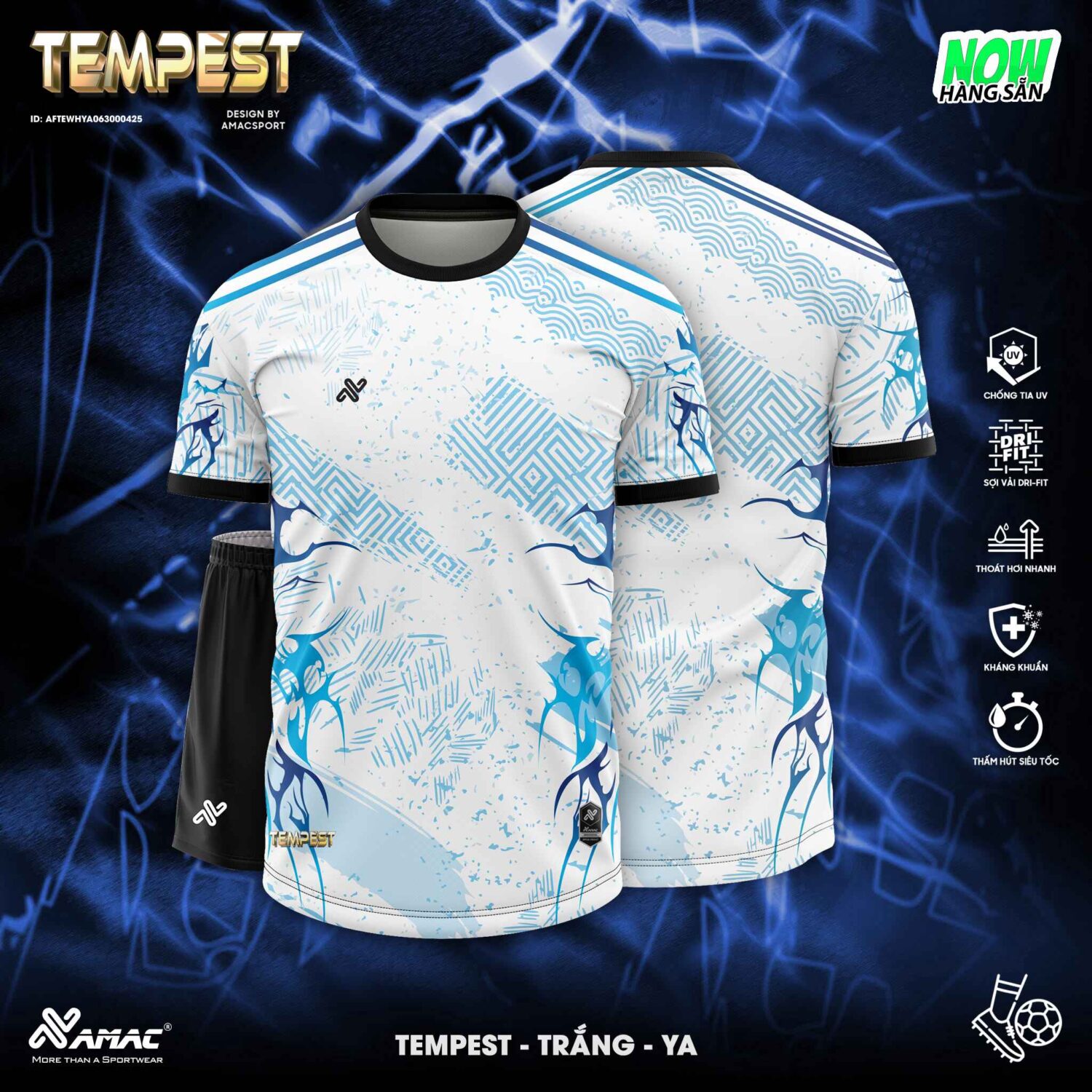 Bộ quần áo bóng đá Tempest Amac Lửa Cháy chính hãng nhiều màu trắng xanh