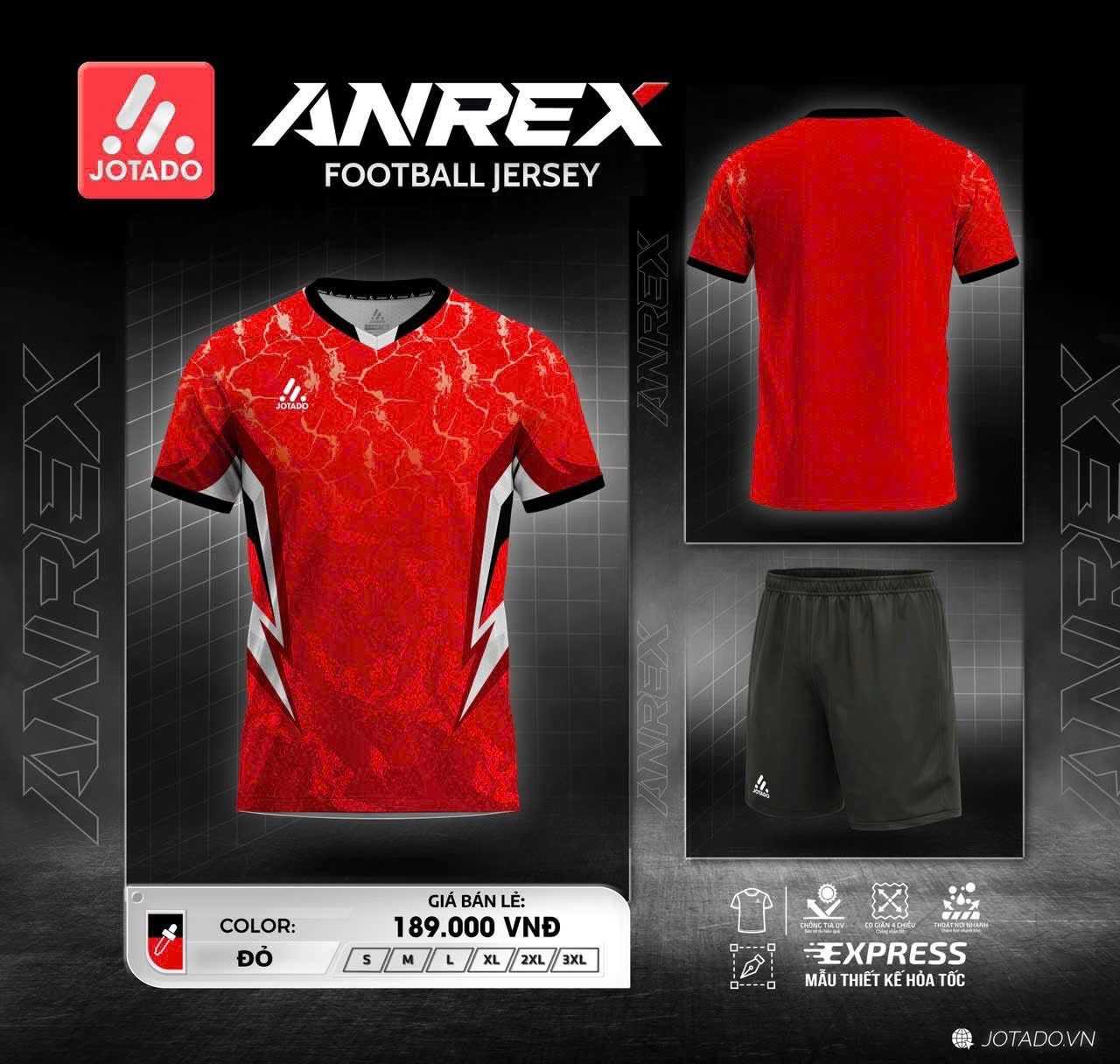 Bộ quần áo bóng đá thiết kế jotado anrex nhiều màu đỏ