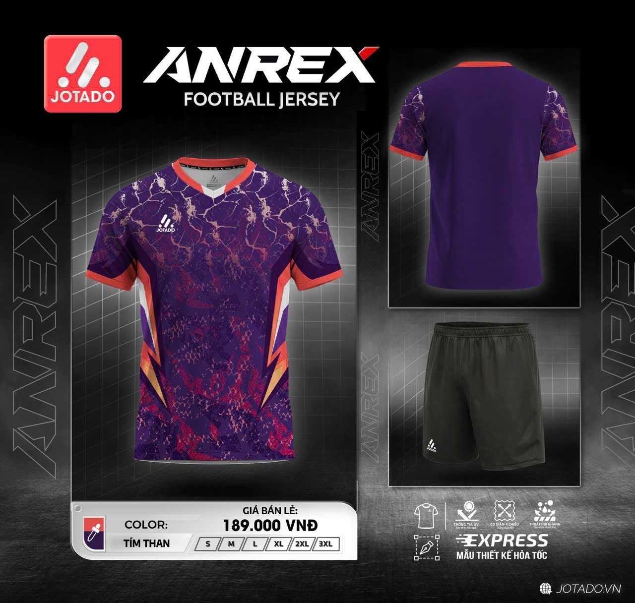 Bộ quần áo bóng đá thiết kế jotado anrex nhiều màu tím