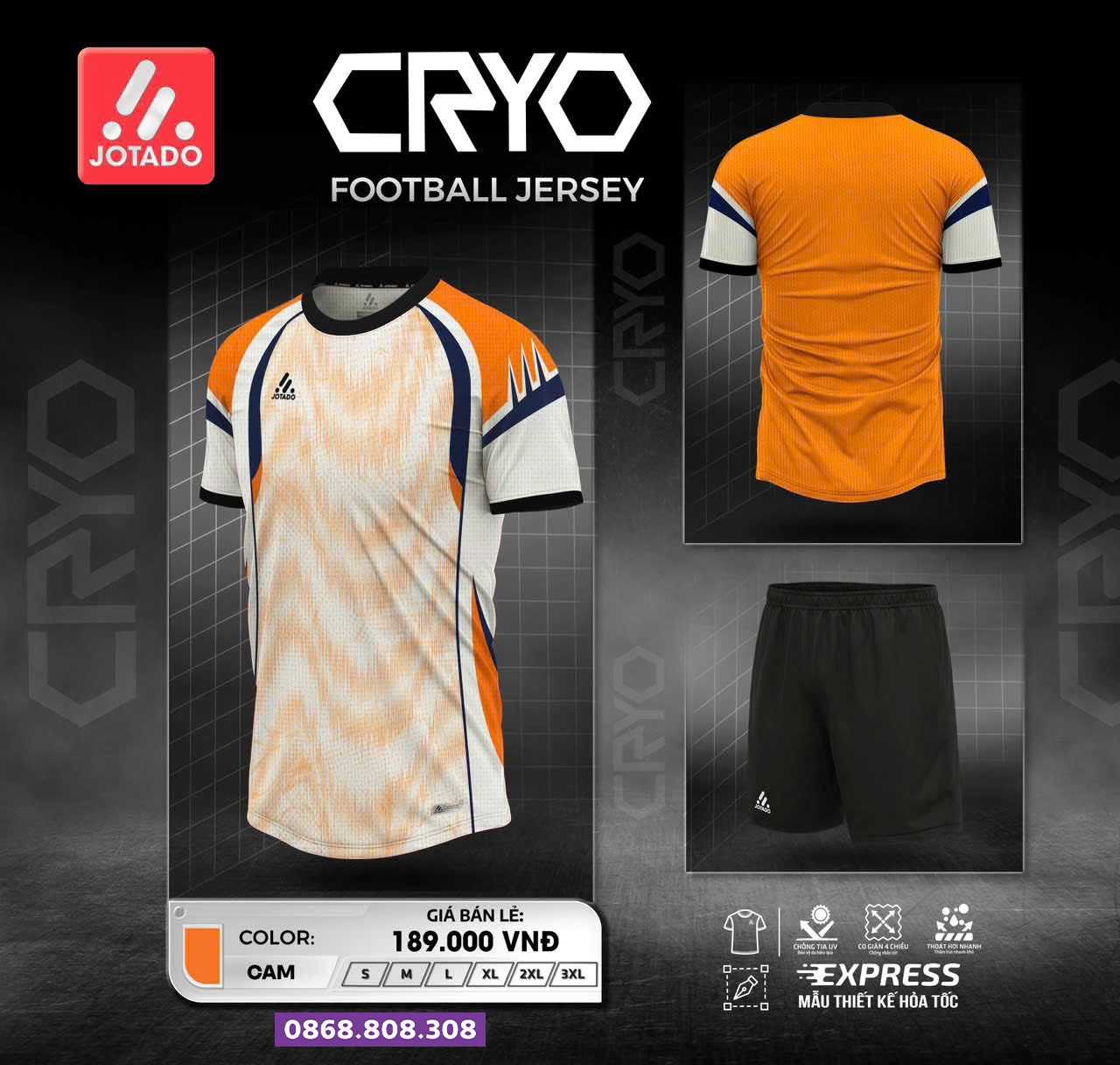 Bộ quần áo bóng đá thiết kế jotado cryo chính hãng màu cam