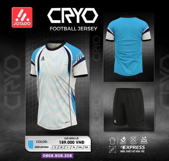Bộ quần áo bóng đá thiết kế jotado cryo chính hãng màu trắng xanh