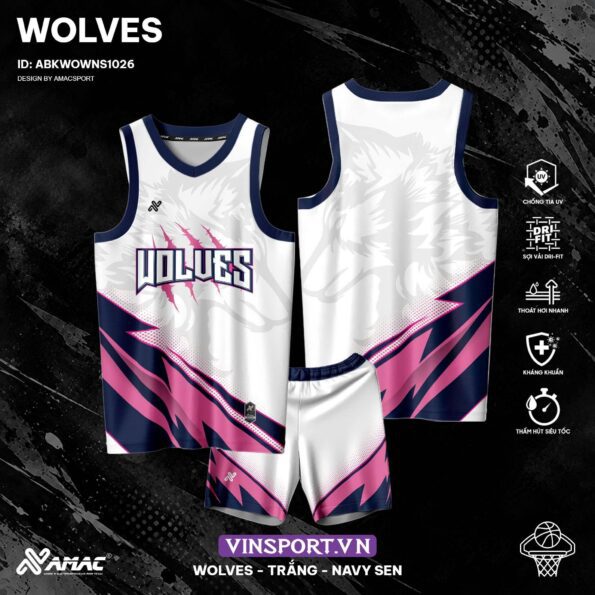 Bộ quần áo bóng rổ Wolves mẫu đồng phục thiết kế amac trắng hồng