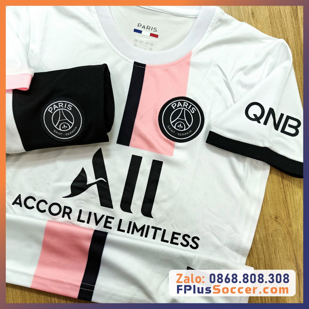 Bộ bóng đá CLB Paris Saint-Germain PSG Logo Thêu áo màu trắng kẻ hồng quần đen 0