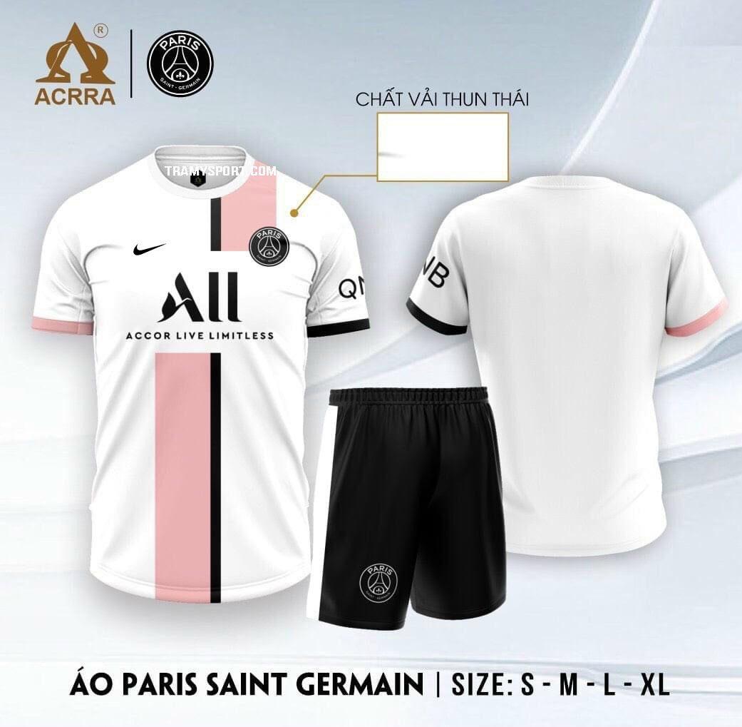 Bộ quần áo bóng đá CLB PSG Paris Saint Germanin màu trắng kẻ hồng bản quần đen mới nhất bản thun