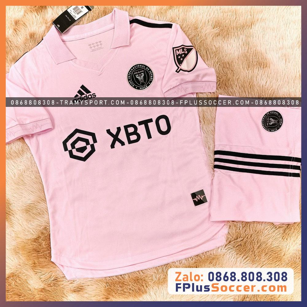 Bộ quần áo bóng đá polo có cổ bẻ thể thao clb câu lạc bộ miami vải mè thái màu hồng trắng quần đen