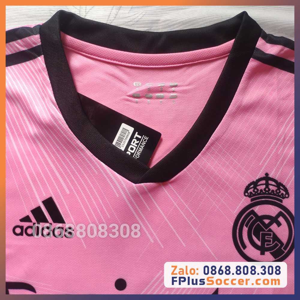 Bộ quần áo bóng đá adidas áo đá banh clb Real Madrid màu hồng hường logo mfc thêu mè kim thái cao cấp