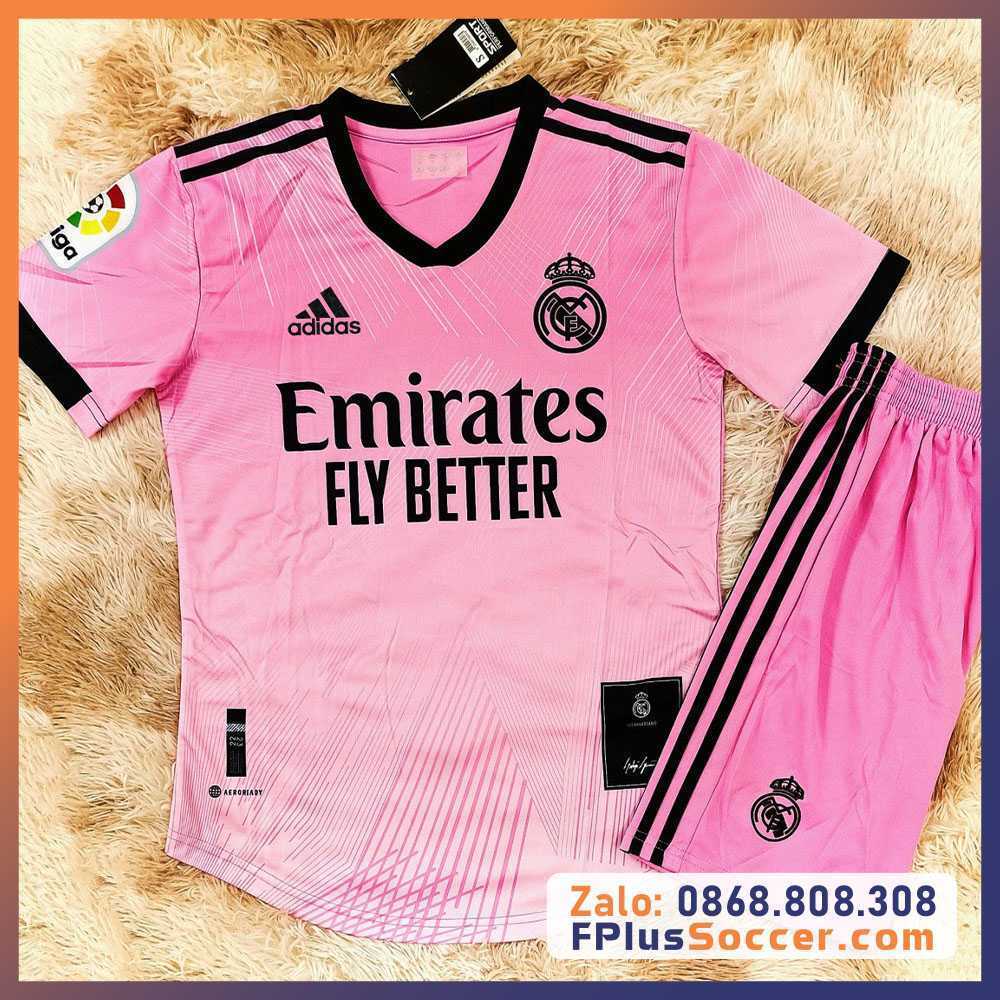 Bộ quần áo bóng đá adidas áo đá banh clb Real Madrid màu hồng hường logo mfc thêu mè kim thái cao cấp