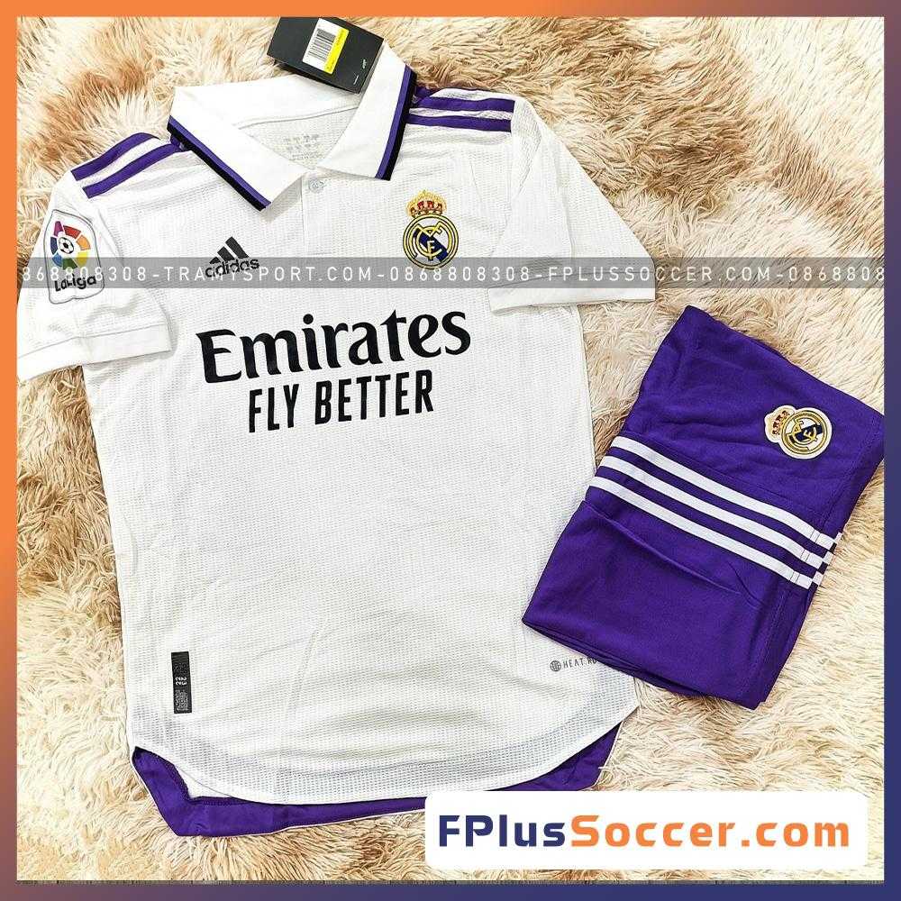Bộ quần áo đấu clb Real Madrid MCF emirates fli better trắng xanh lam biển quần tím mới nhất hàng đẹp 2