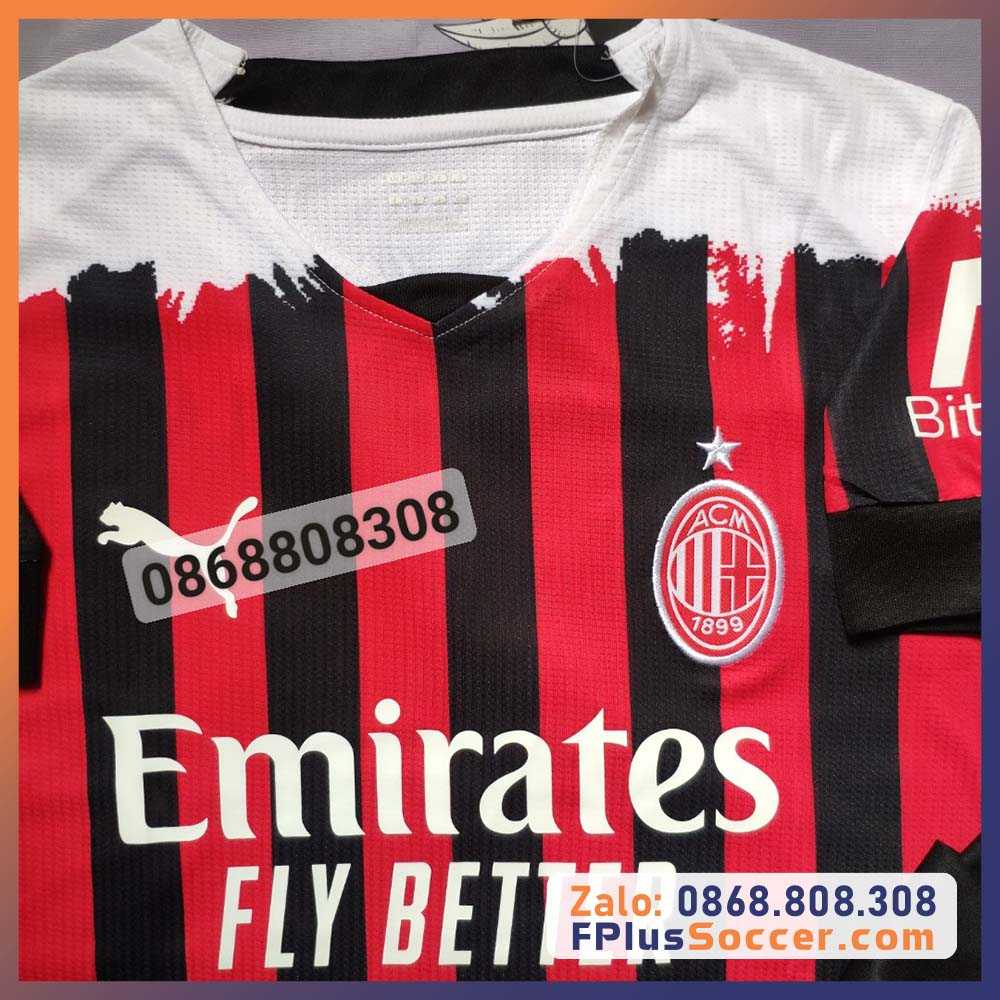 Bộ quần áo clb AC Milan trắng sọc đỏ đen 2021 2022 logo thêu ACM puma - ac milan jersey 2022 2023 2