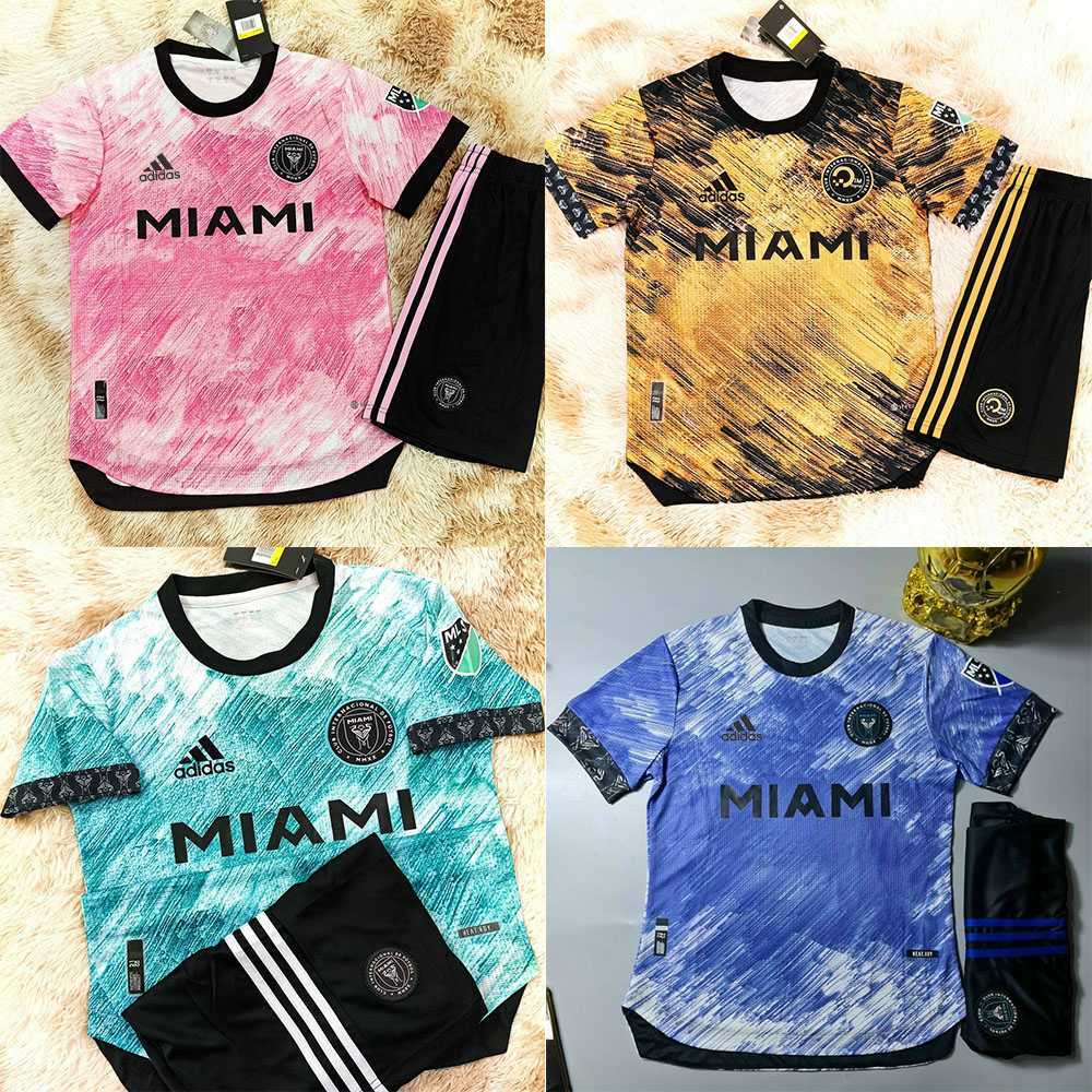 Bộ sưu tập quần áo thể thao bóng đá MIAMI màu hồng xanh ngọc biển vàng đồng đen vải gai thái logo thêu