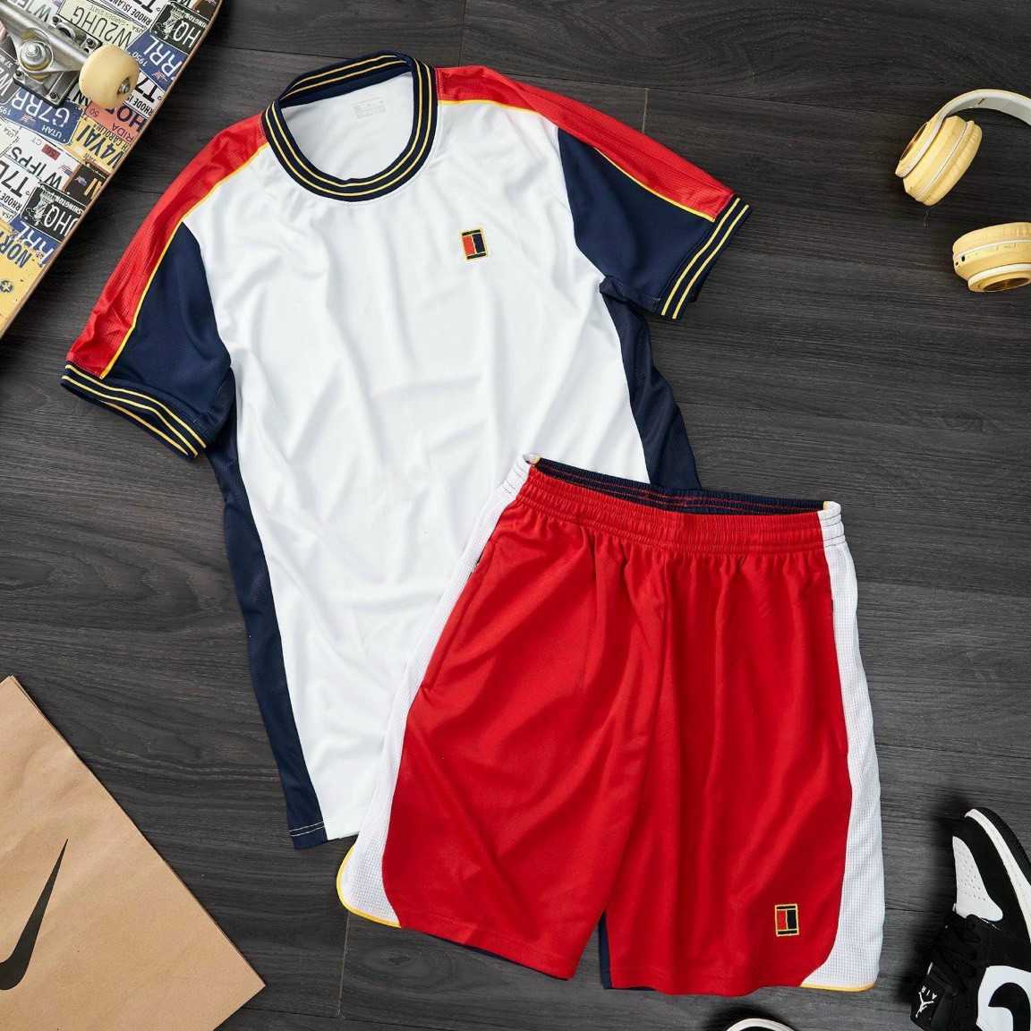 Bộ quần áo thể thao thời trang Tennis nike Dri-FIT AEROREABY cổ tròn logo đen đỏ trắng vải hoạ tiết kẻ sọc nhiều màu 2