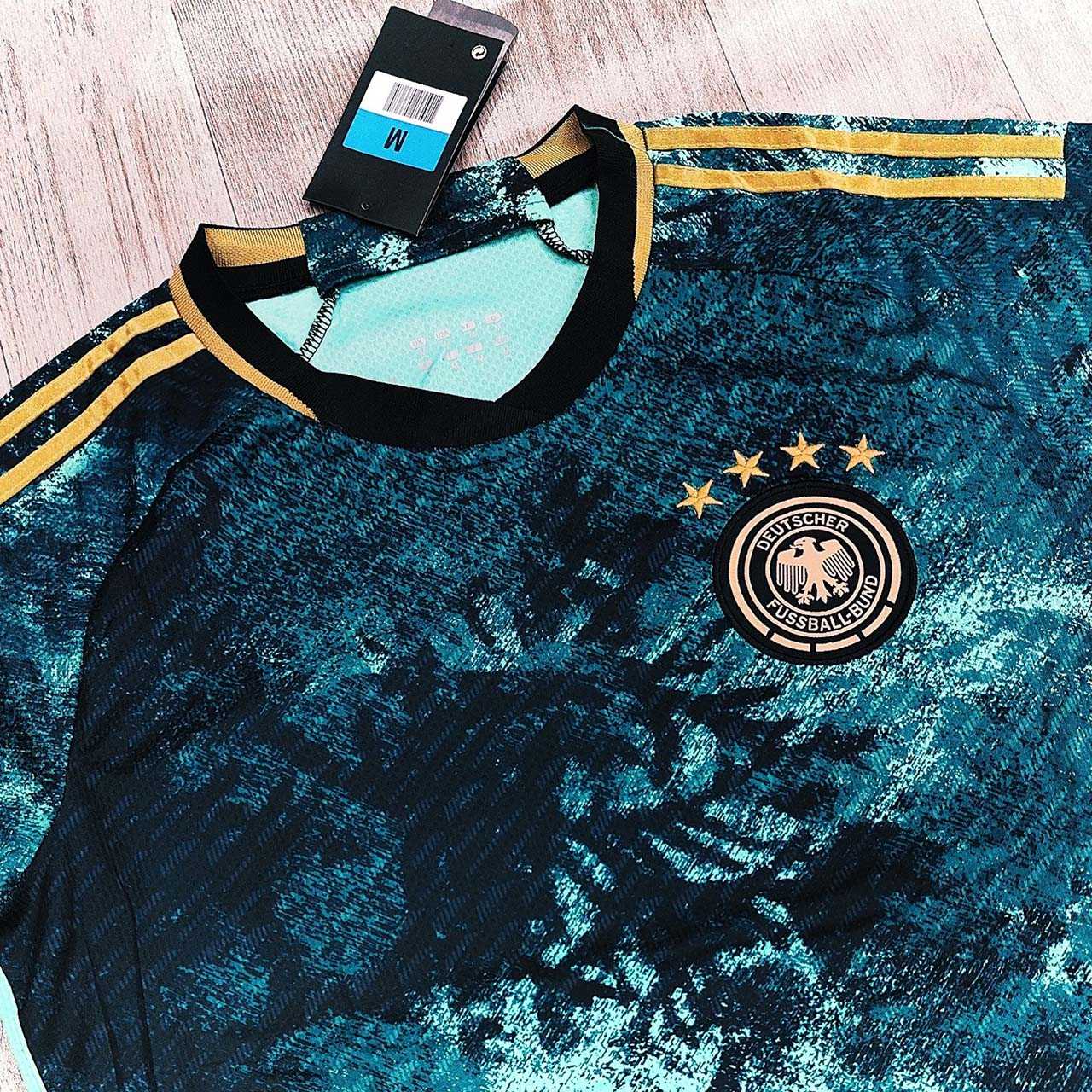 Bộ quần áo đá banh đội tuyển bóng đá đức màu loang xanh cổ vịt navy đen sân khách logo thêu 3