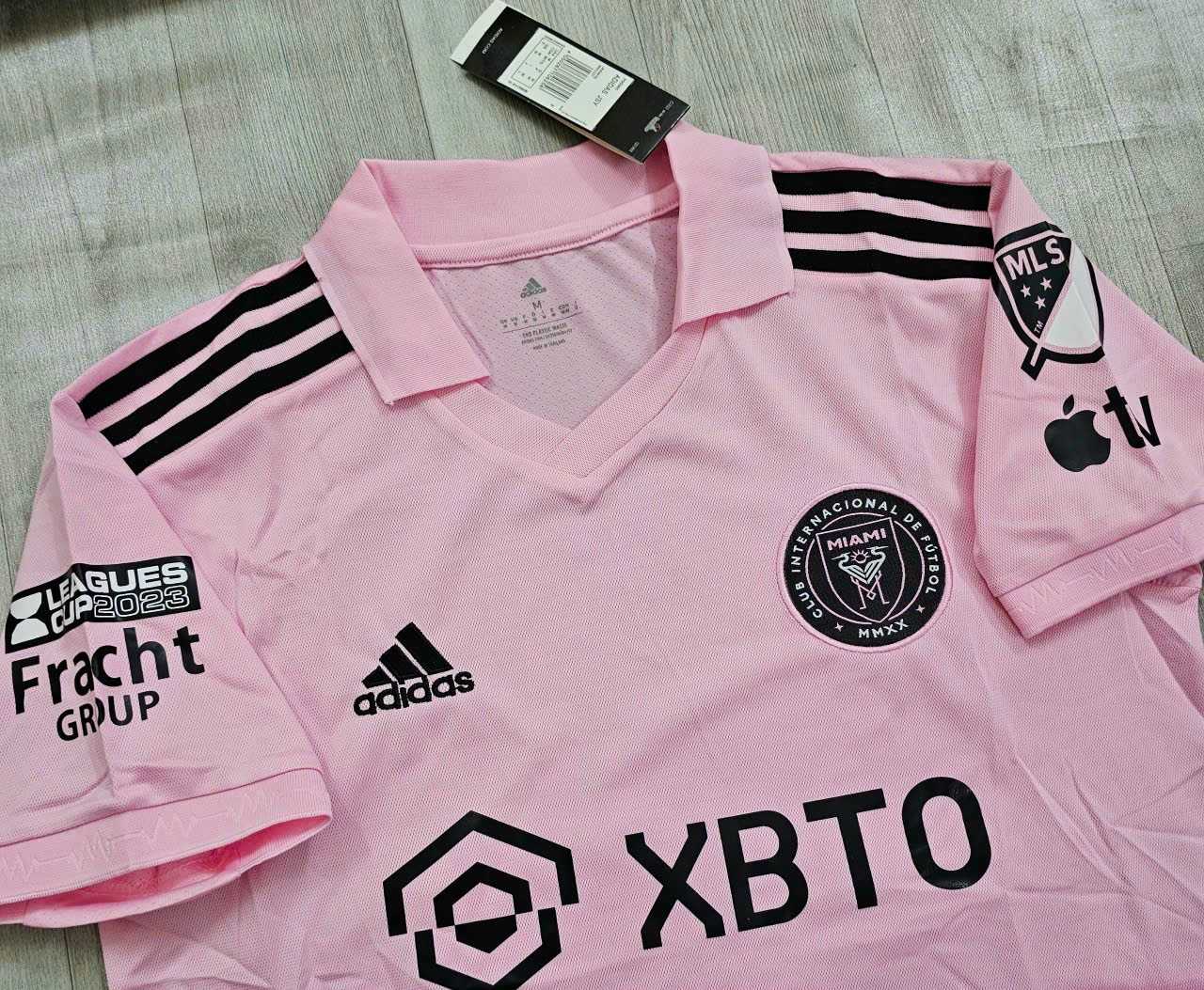 Bộ quần áo đá banh polo clb bóng đá MIAMI XBTO Messi màu hồng 2023 2024 có cổ bẻ logo adias thêu