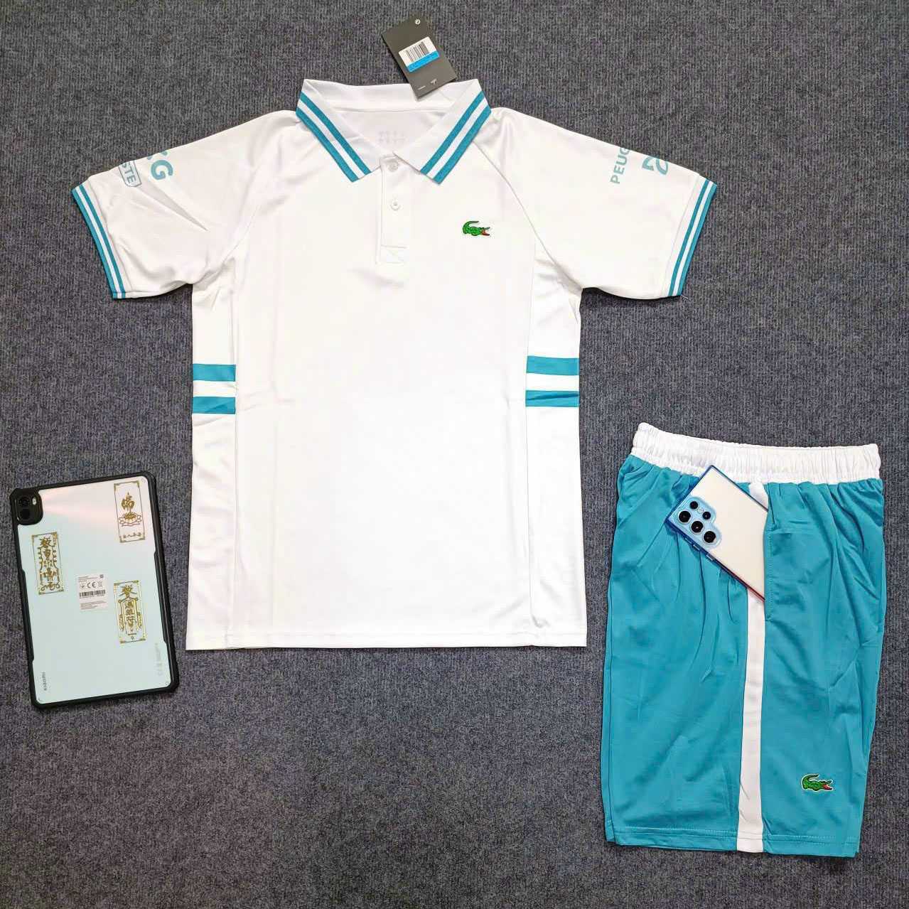 Bộ quần áo polo thể thao thời trang cá sấu lacoste màu xanh lá trắng quần có túi vải đẹp 1