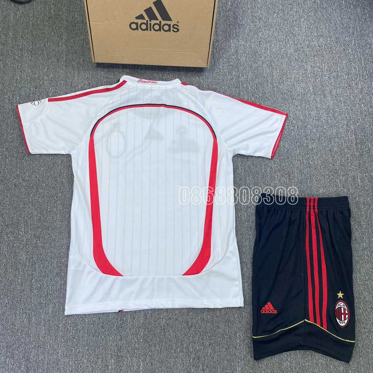 Bộ quần áo bóng đá AC Milan Away 06-07 trắng Bwin full logo thêu viền đỏ lo mới vải chuẩn spf thái năm 2006 2007 trước