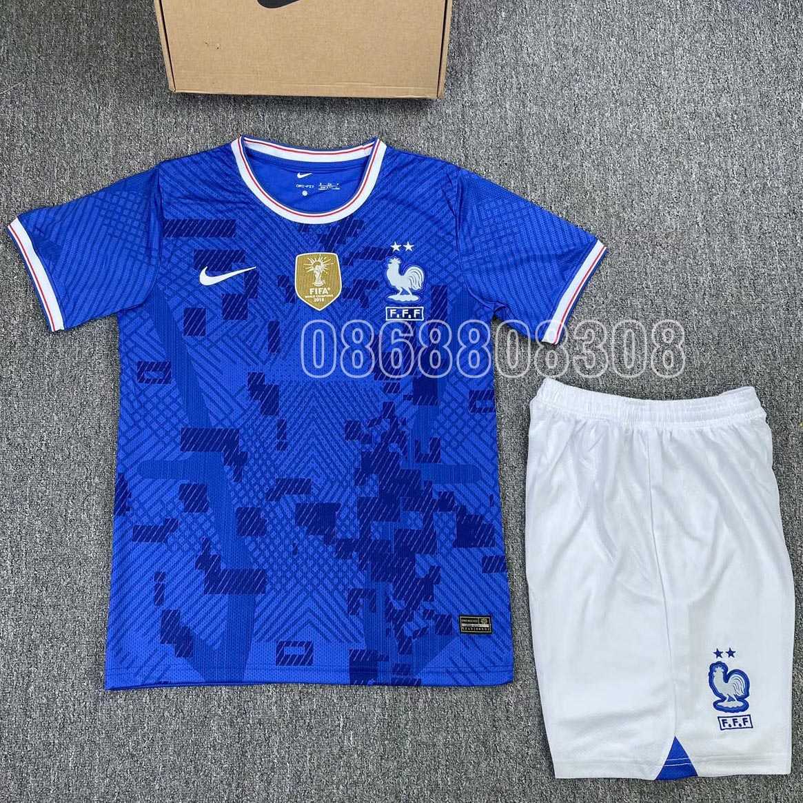 Bộ quần áo đá banh clb bóng đá đội tuyển Pháp FFF 23 -23 fifa màu xanh full logo quần trắng vải SPF thái mới năm 2023 2024 mặt trước