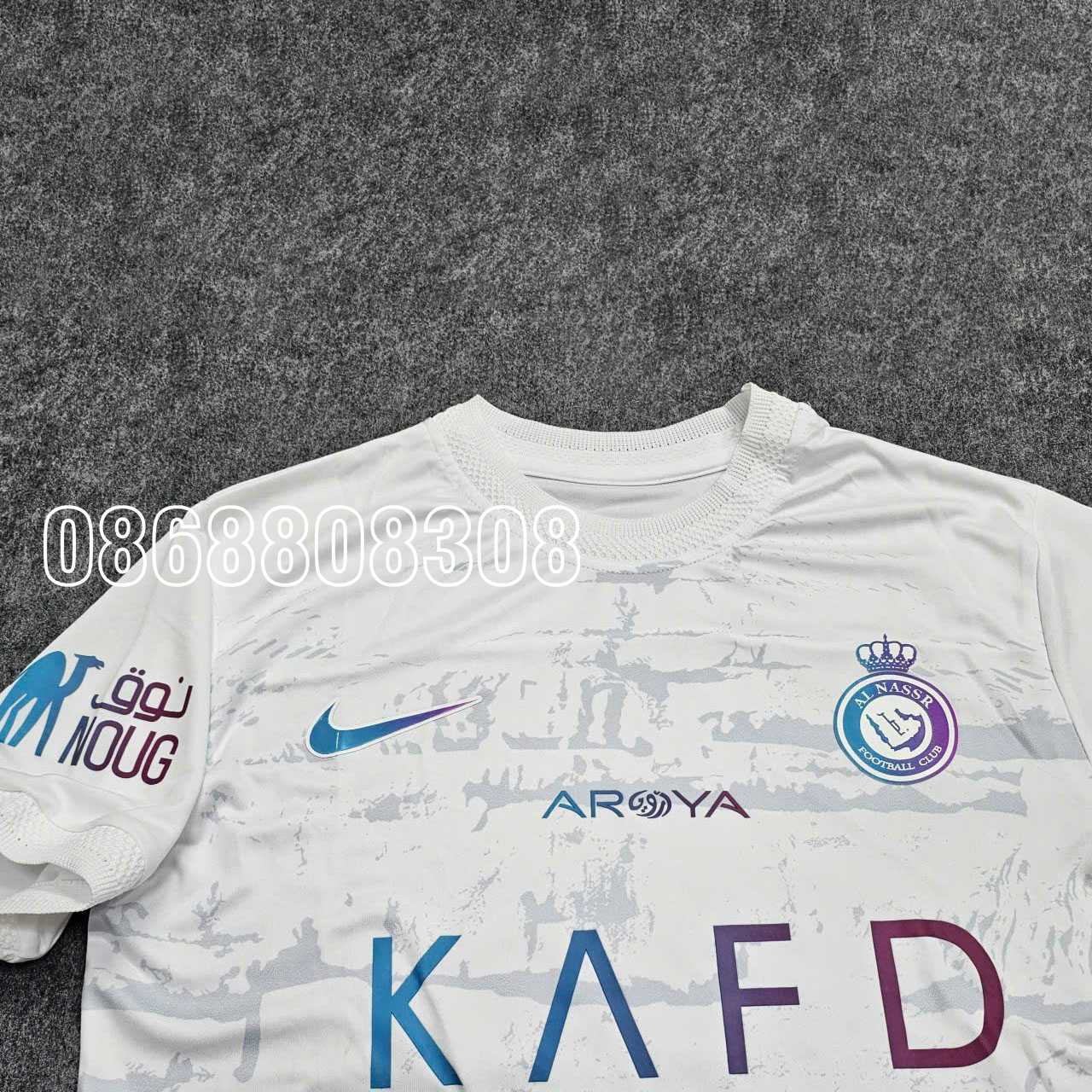 Bộ quần áo AL Nassr KAFD 23 24 Third Kit mẫu sân thứ 3 năm 2023 2024 màu trắng full logo vải thái mịn cổ tròn mặt trước