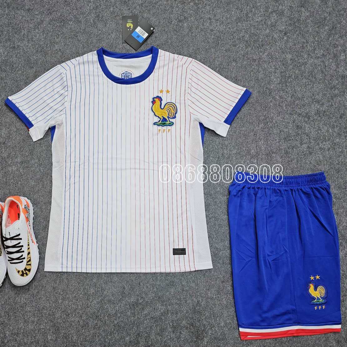 Áo bóng đá đội tuyển Pháp sân khách 2024 away trắng quần xanh logo thêu màu vàng vải SPF thái mịn