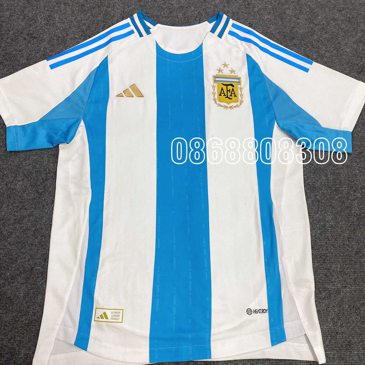 Bộ quần áo đá banh đội tuyển bóng đá Argentina 23 24 sân nhà năm 2024 home trắng xanh đen logo thêu vải spf caro thái full bộ