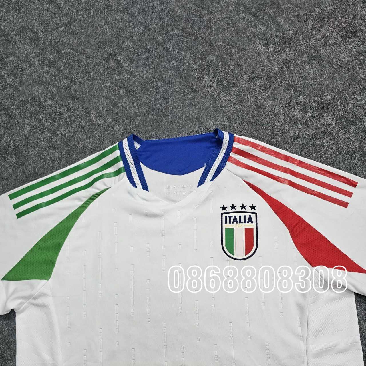 Bộ quần áo đá bóng đội tuyển ý Italia full trắng đỏ xanh 2024 cổ xanh vải thái mịn logo thêu mặt trước