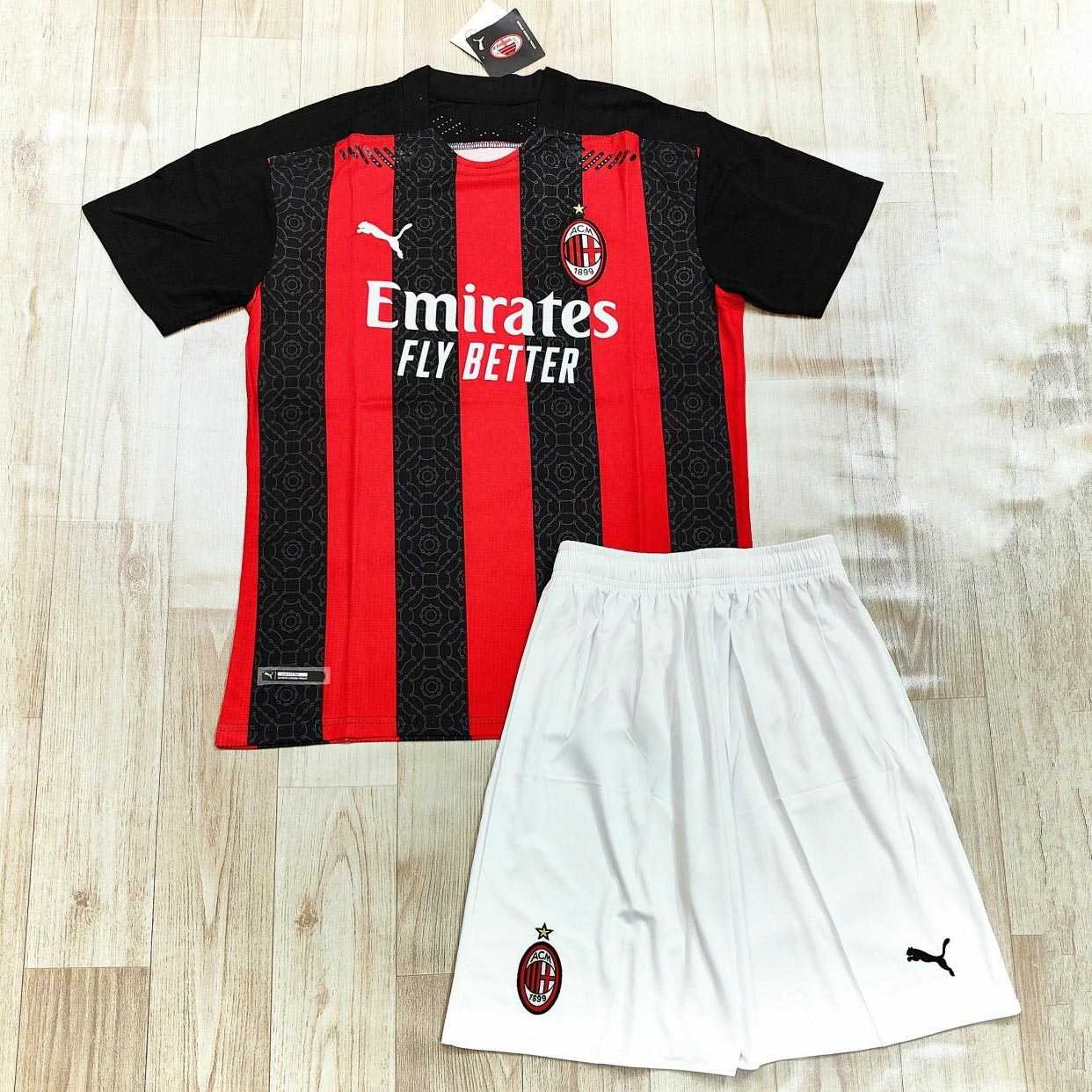 Bộ áo đấu đá banh clb bóng đá Ac Milan kẻ sọc đen đỏ sân nhà mùa 2021 năm 2020 2021 logo thêu hàng thái 1