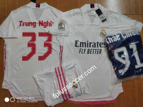 In Bộ quần áo đấu áo bóng đá banh clb arsenal emirates fly better màu trắng viền hồng mới nhất logo thêu 2