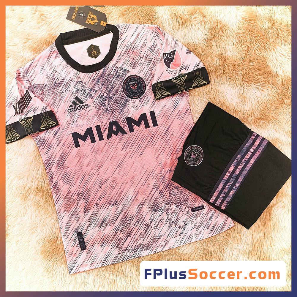 Bộ quần áo bóng đá thi đấu thể thao clb câu lạc bộ Inter miami vải mè thái màu hồng trắng quần đen 2