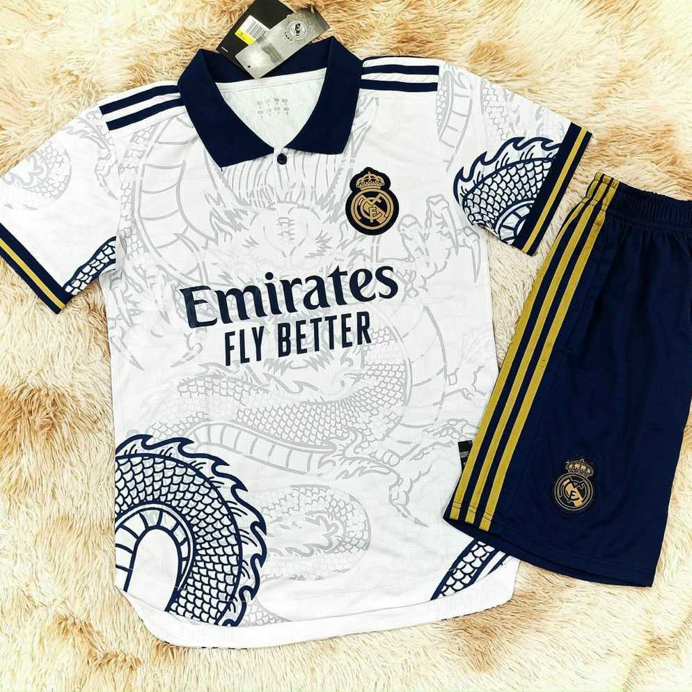 Bộ quần áo đá banh clb bóng đá Real Madrid MFC trắng logo thêu in hình rồng dragon jersey