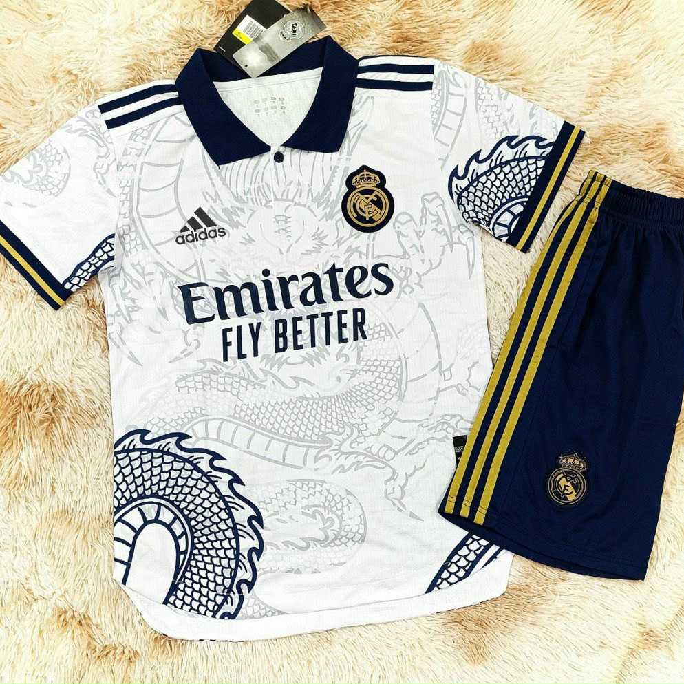 Bộ quần áo đá banh clb bóng đá Real Madrid MFC trắng logo thêu in hình rồng dragon jersey 1