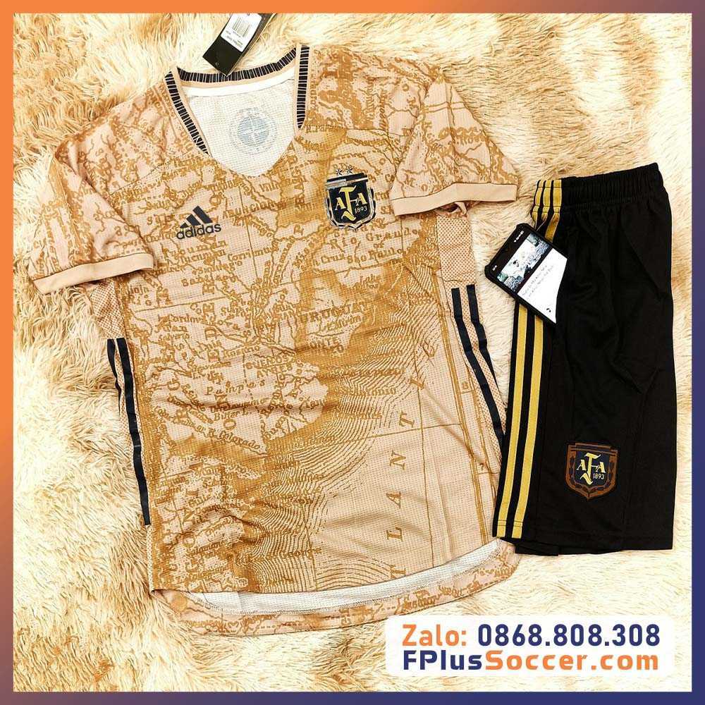 Bộ quần áo đá bóng đội tuyển bóng đá argentina jersey 2021 bản kỷ niệm messi vàng in hoạ tiết bản đồ 1
