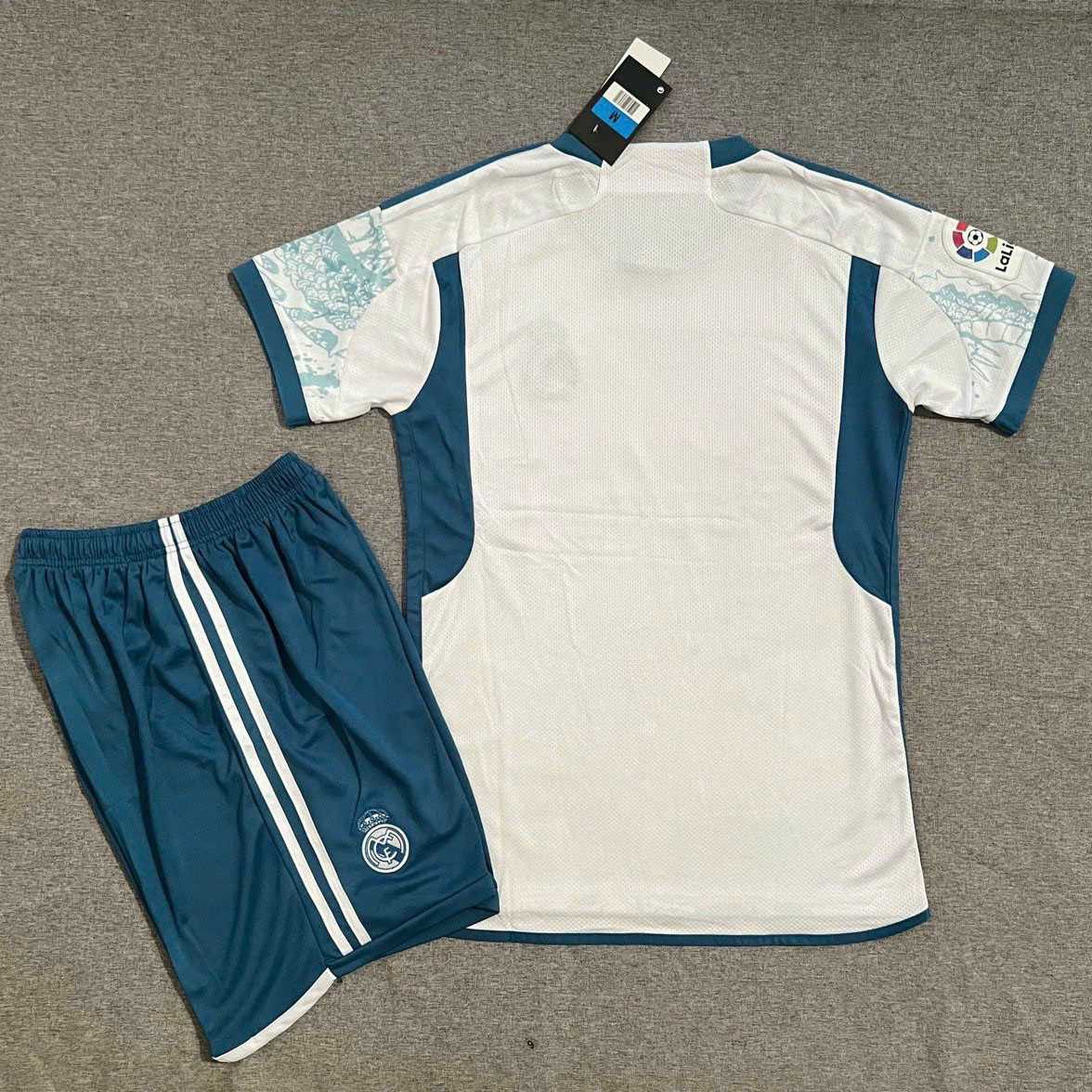 Bộ quần áo đá banh clb bóng đá Real Madrid MFC trắng logo thêu in hình rồng xanh dragon jersey 2